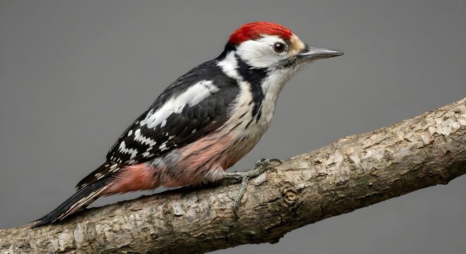 Middle spotted woodpecker (Dendrocoptes medius) on isolated background, beautiful details