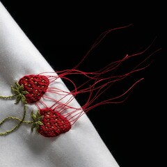 Delicate Strawberry Embroidery on White Fabric with Red Threads, a Symbolic Illustration of Desdemona's Handkerchief of Innocence in Shakespeare's Othello, with space for text
