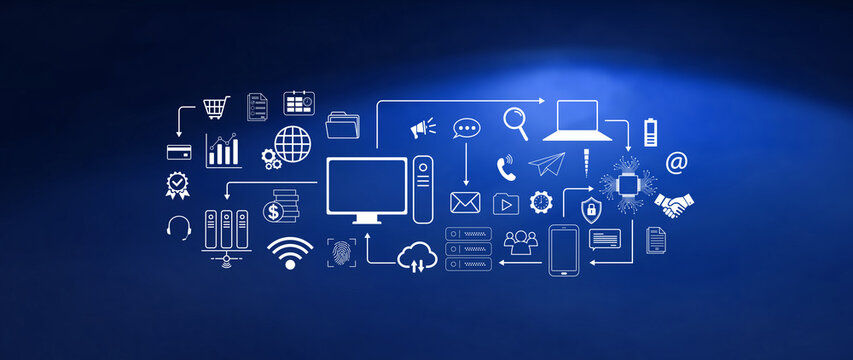Technology equipment and line interface icons, Computer system resources and data storage, Cloud service technology marketing and business concept, for background.