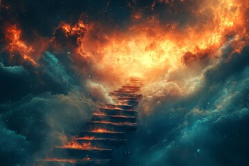Path to heaven shows steps leading upward through clouds toward a bright light, symbolizing the pursuit of enlightenment and faith in God using generative AI