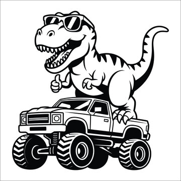 T Rex Dinosaur Riding Monster Truck With Sunglasses Keywords: dinosaur, t rex, tyrannosaurus rex
