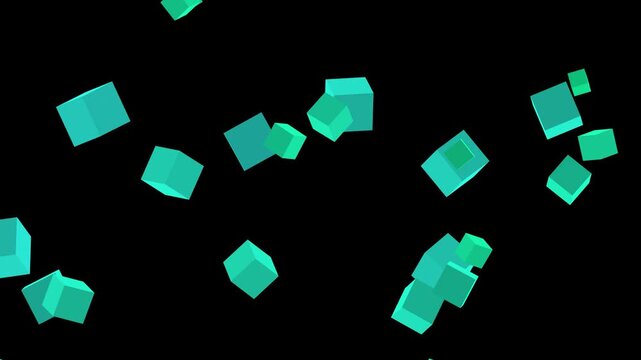 A scattered arrangement of teal geometric cubes floating against a stark black background showcasing a modern design