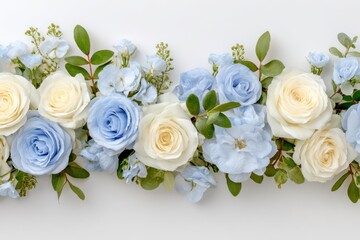 Horizontal floral arrangement featuring soft blue and white roses, delicate blooms, and lush greenery, perfect for weddings, celebrations, and elegant decor with copy space