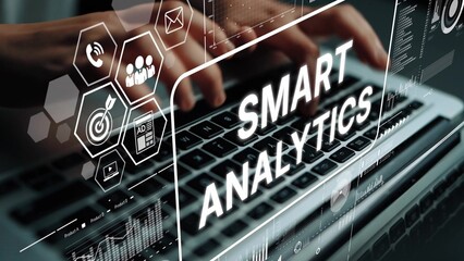Hands Typing on Laptop with Smart Analytics Concept and Digital Graphics for Data Visualization and Business Intelligence. Asymptotic smart data analytic.