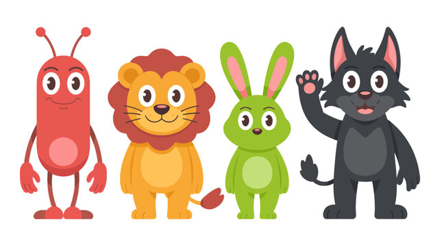 Four cute cartoon characters including a red alien, lion, rabbit, and black wolf