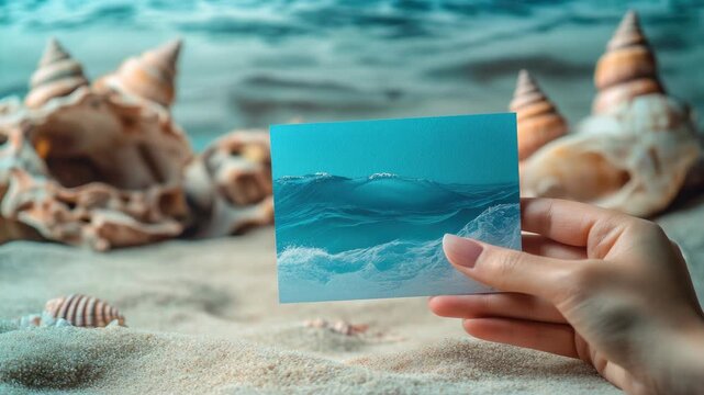 A person's hand holding a depicting the beauty of the sea against the backdrop of actual shells and sand.