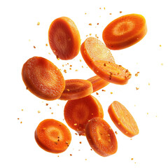 Sliced Carrots Flying with Crumbs isolated on a transparent background