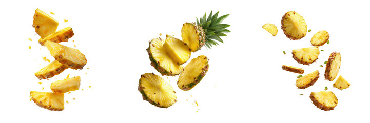 Sliced pineapple pieces flying isolated on a transparent background