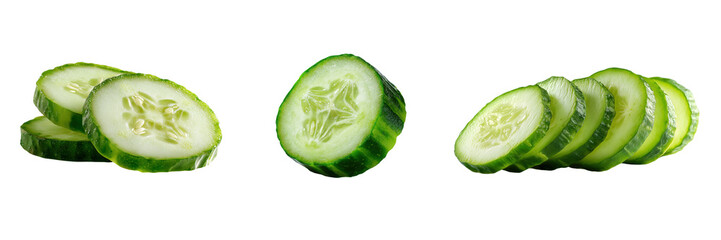Sliced cucumbers in a row isolated on a transparent background