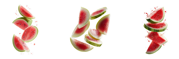 Sliced Watermelon Pieces Falling isolated on a transparent background