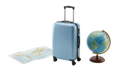 light blue carry-on suitcase with a map and a globe on isolated transparent background