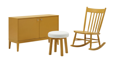 minimalist wooden furniture set including a cubical storage cabinet a round stool and a classic