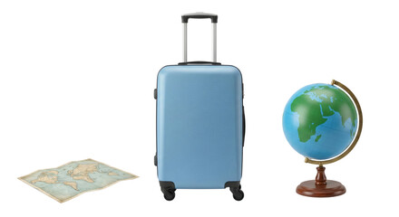 light blue rolling suitcase with a globe and travel maps isolated on transparent background