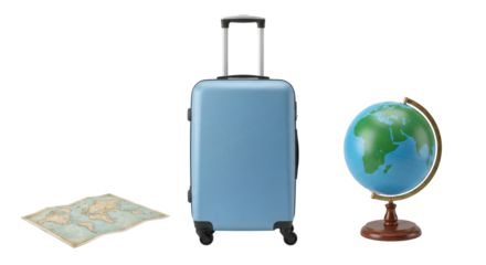 light blue rolling suitcase with a globe and travel maps isolated on transparent background