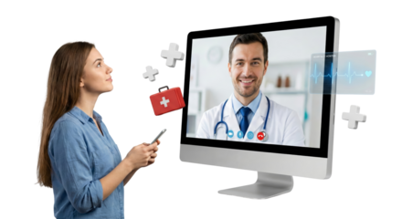 Medical consultation via telehealth session with female patient using smartphone and computer