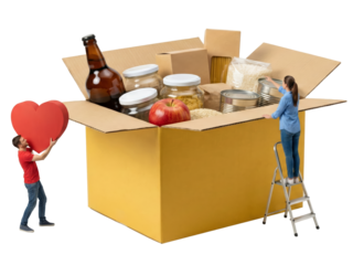 large open cardboard box filled with various food and beverage items isolated on a black