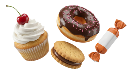 assorted sweet baked goods and candies with a vivid presentation isolated on a transparent