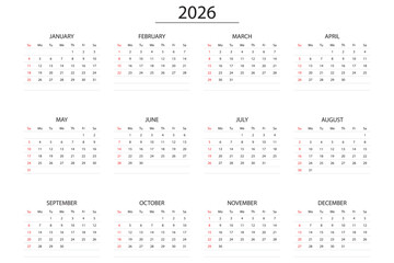 Set of calendar 2026 template modern vector design. 2026 calendar template. Corporate and business planner diary. The week starts on Monday. Set of 12 months of pages. Monthly Planner 2026 Minimalist 