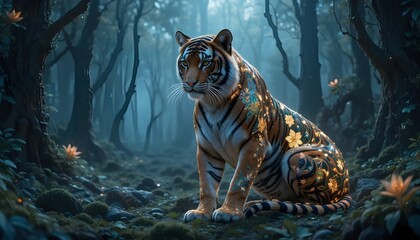  
"A majestic tiger adorned with intricate glowing floral patterns on its fur, delicate glowing ornaments accentuating its body, sitting gracefully in a mystical forest, soft magical light filtering t