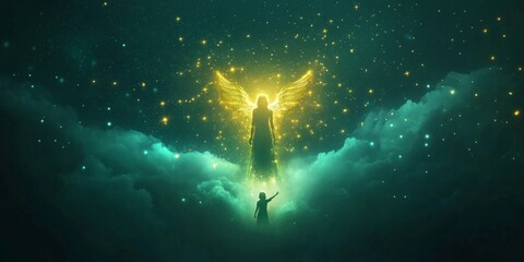 A person is pointing at a glowing angel in the sky. The angel is surrounded by a cloud of stars and he is reaching out to the person. The scene has a dreamy, ethereal quality to it