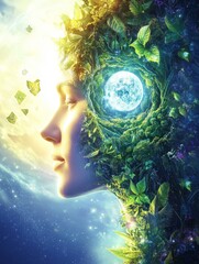 A woman's face is surrounded by a forest of leaves and branches. The leaves are green and the branches are brown. The woman's face is surrounded by a blue sky