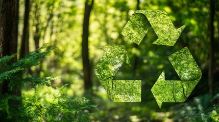 Recycling symbol blends with trees in a forest setting showing commitment to environmental care and sustainability in nature