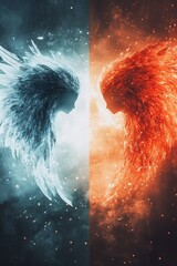 Two angelic figures with one being red and the other being white. The red angel is surrounded by fire and the white angel is surrounded by stars. Concept of duality and contrast between the two angels
