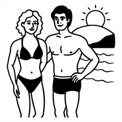 Fototapeta premium Silhouette illustration of a couple posing together on the beach wearing swimsuits