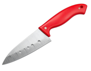 A stainless steel knife with a bright red handle, isolated on a black background