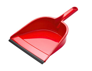 A vibrant, angled red dustpan, featuring a black rubber lip and a handle. High-angle shot on black