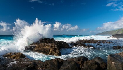 Ocean Waves Crashing Against Rocks At Hawaii Beach
