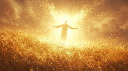 A man is standing in a field of tall grass with his arms outstretched. The scene is filled with light and the man is in a state of peace and serenity
