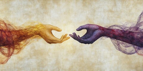 Two hands are touching each other in a painting. The painting has a warm and friendly mood. The hands are in different colors, one is red and the other is blue