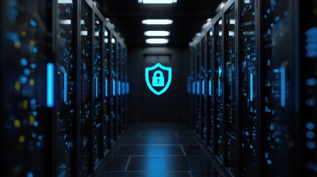 Secure IT server room with glowing shield and lock symbol for cybersecurity infrastructure protection, ideal for cloud security concepts, data protection marketing, and enterprise network visuals