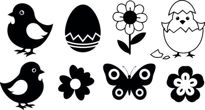 Easter chick eggs flowers and butterfly vector icons for spring celebration design 