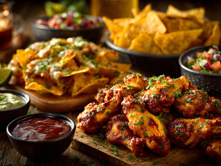 game day snacks football-themed food spread on the left with snacks wings nachos dips on a table leaving copy space on the right