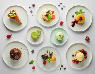menu food photography, traditional dessert, top view flat lay, minimal presentation, professional food styling