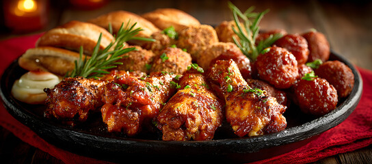 Super Bowl Sunday football party celebration food platter with chicken buffalo wings, meat balls, hot dogs on red wood table, with copy space. Sized to fit popular social media and web banner.