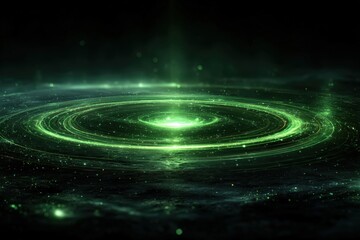 Green neon rings create orbit effect with radial flare in dark space, futuristic digital halo is suitable for sci-fi design, UI interface and cosmic backgrounds