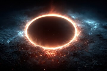 Glowing ring of energy surrounds a dark planet, pulsing with otherworldly light and sparks in the vast, dark cosmos, showcasing cosmic creation and power