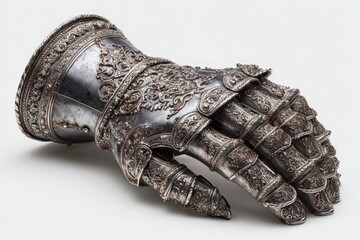 Shiny metal gauntlet armor with intricate details, a high quality realistic Mirostock picture