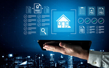 A person holds a tablet showcasing digital home icons and data visuals against a futuristic cityscape background, representing advanced technology in real estate analysis. Gantry