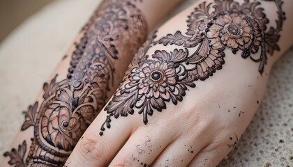  "
"A close-up of intricate and beautiful henna (mehndi) design on hands, traditional floral and paisley patterns, fine detailed lines, dark brown henna on fair skin, elegant and symmetrical motifs, s