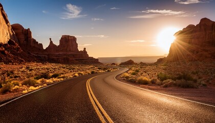 Winding Asphalt Road Through Desert Landscape With Majestic Rock Formations Under Golden Sunlight