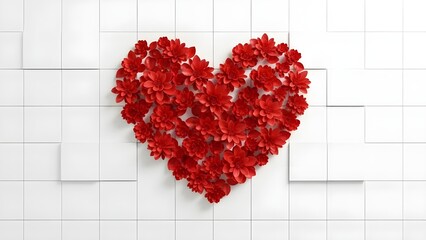 Red Heart Shape Abstract Floral 3D Tiles on White Background
