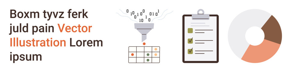 Data analysis, business strategy, project management, information flow, report generation, visualization. Funnel filtering data, checklist and pie chart. Data analysis and business strategy concept © robu_s