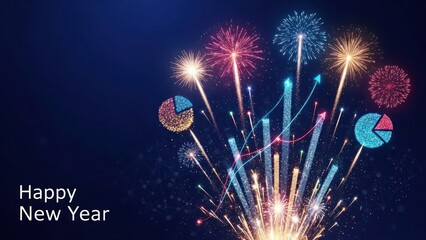 Business growth celebration with fireworks and charts