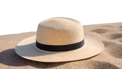 Straw hat on sandy beach with black ribbon, isolated on white background.