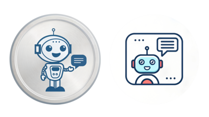 Two cartoon robot illustrations on white ovals isolated on transparent background