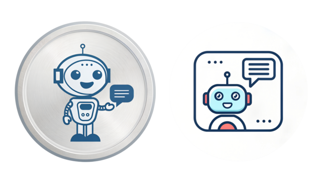 Two cartoon robot illustrations on white ovals isolated on transparent background - Powered by Adobe